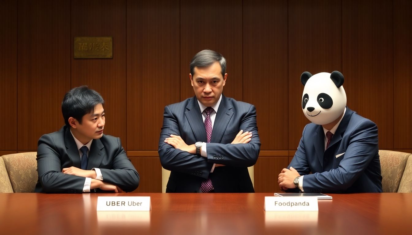 Generate an image of a tense negotiation table with Uber and Foodpanda representatives on either side, and a stern-looking Taiwan FTC official standing between them, arms crossed.