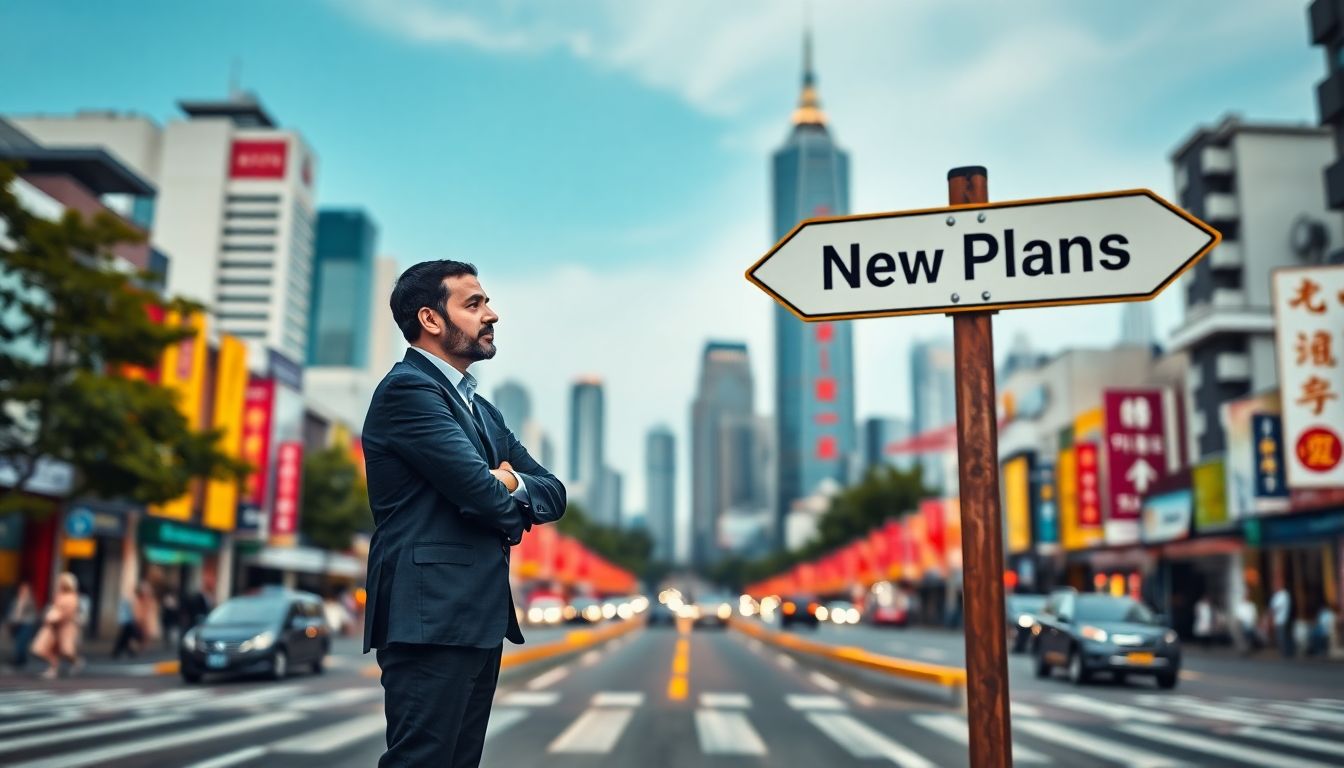 Generate an image of a thoughtful Dara Khosrowshahi, Uber's CEO, standing before a crossroads sign in a bustling Asian city, with one path labeled 'Appeal' and the other 'New Plans.'