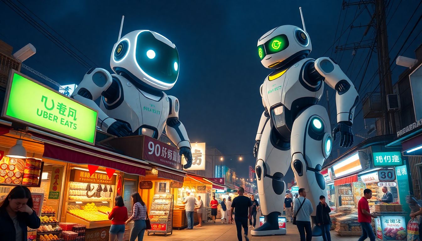Create an image of a Taiwanese night market with two giant food delivery robots (representing Uber Eats and Foodpanda) towering over the scene, with concerned consumers and local vendors looking on.