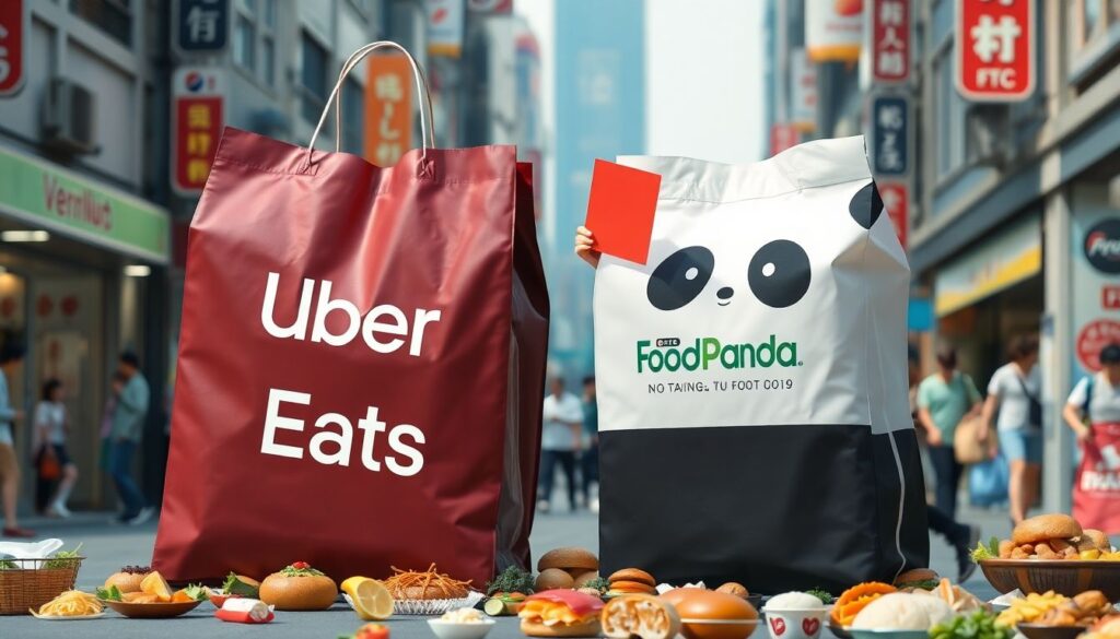 Create an image of a massive Uber Eats food delivery bag trying to absorb a smaller Foodpanda bag, with a Taiwan FTC referee blowing a whistle and showing a red card to interrupt the action. The scene should be set in a bustling Taiwanese city street, with various local foods scattered around for added color and fun.