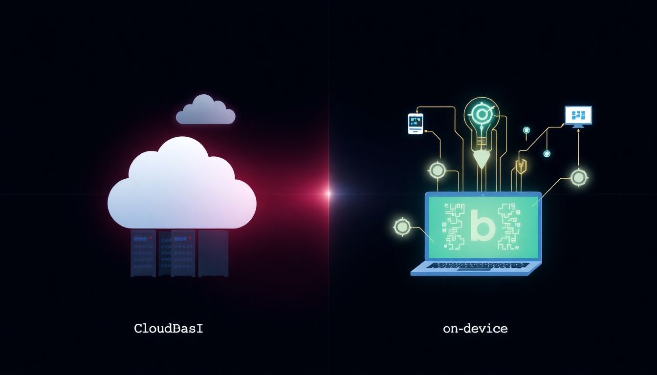 Cloud AI vs. On-Device AI Create an image contrasting cloud-based AI and on-device AI, with visuals of data centers and connected devices, emphasizing the superiority of cloud AI.