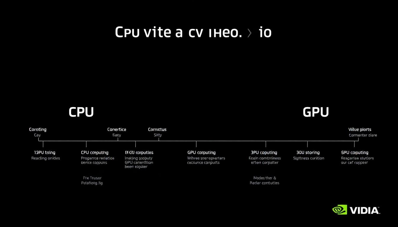 The AI Revolution and Nvidia's Role Design an image illustrating the transition from CPU to GPU computing, with a timeline showing the evolution of technology and Nvidia's pivotal role in this shift.