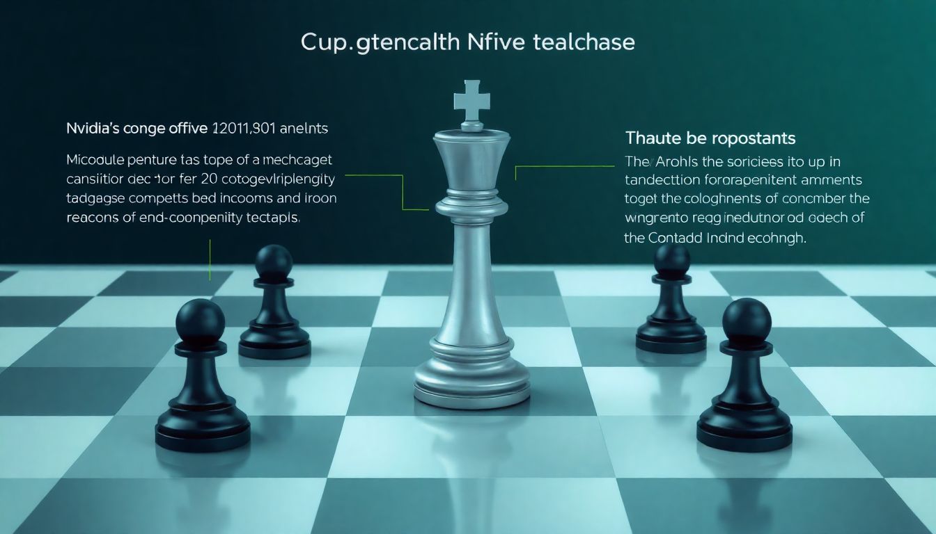 Competitors and Market Dynamics Illustrate the competitive landscape with a chessboard metaphor, where Nvidia is the king piece surrounded by other tech giants, highlighting Nvidia's strategic advantages.