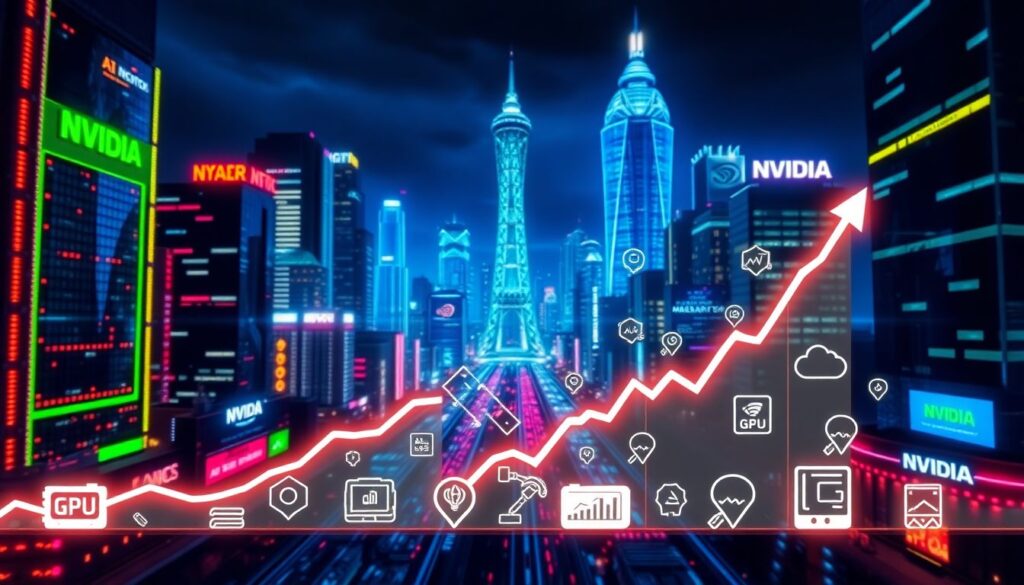 Nvidia Stock Should Win Again in 2025. Here’s Why. Create an image showcasing Nvidia's dominance in the tech industry, with a futuristic cityscape background filled with neon lights and advanced AI technologies. In the foreground, display a graph with Nvidia's stock rising steadily, surrounded by icons of GPUs, data centers, and AI-driven applications.