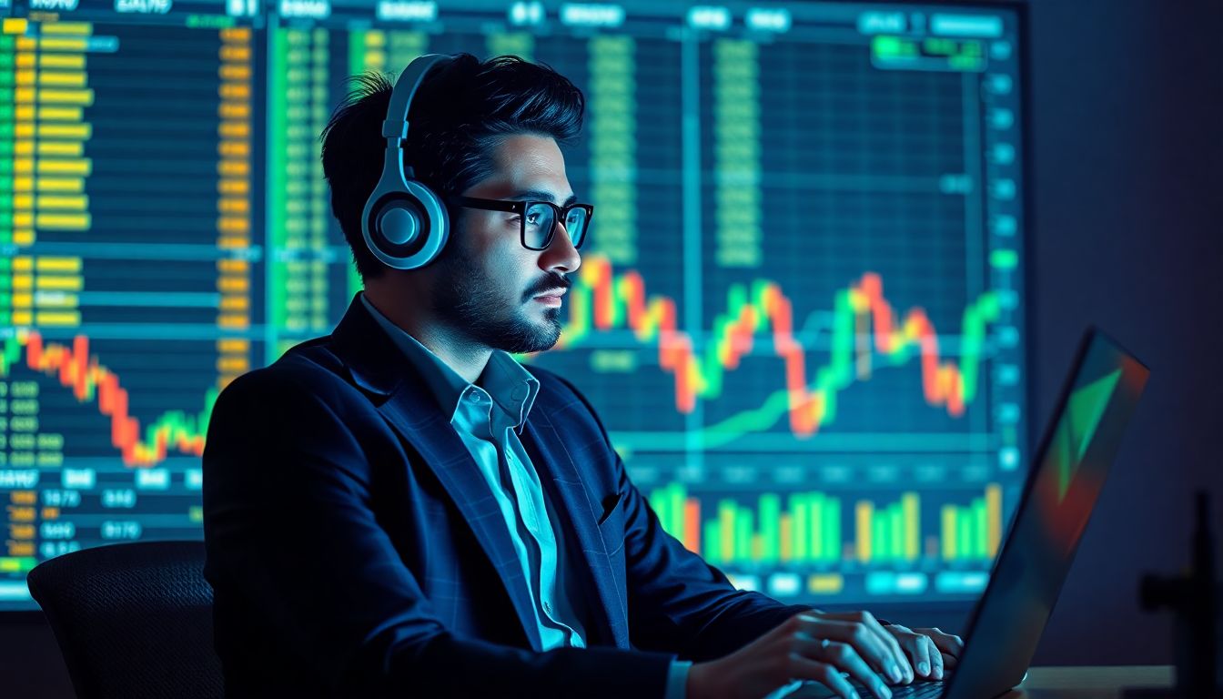 Design an image of a savvy investor analyzing stock charts with AI tools and resources at their disposal.