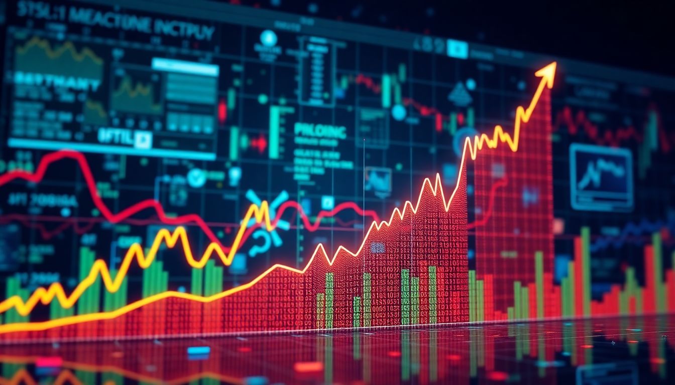 Generate an image of a rising stock market graph with AI algorithms and data analytics visuals in the background.