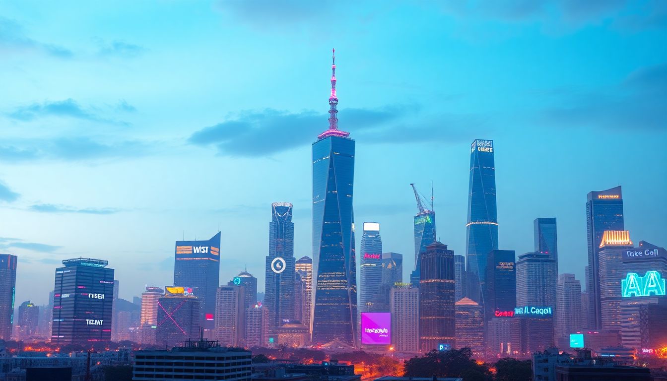 Create an image of a vibrant cityscape with prominent tech company logos and AI innovations integrated into the scene.