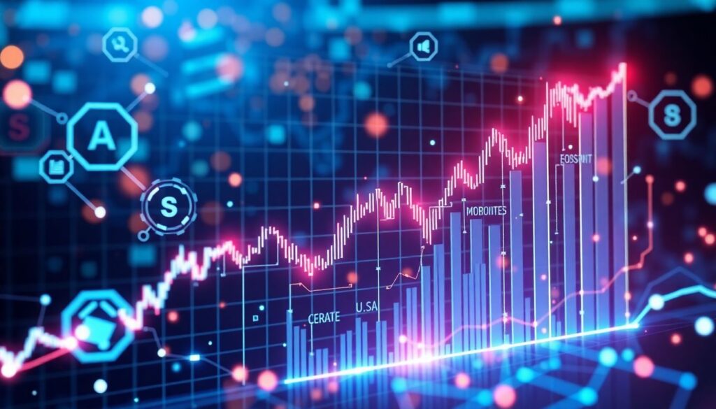 Create an image showcasing a futuristic stock market graph with AI-driven technologies and innovations surrounding it, symbolizing growth and potential.