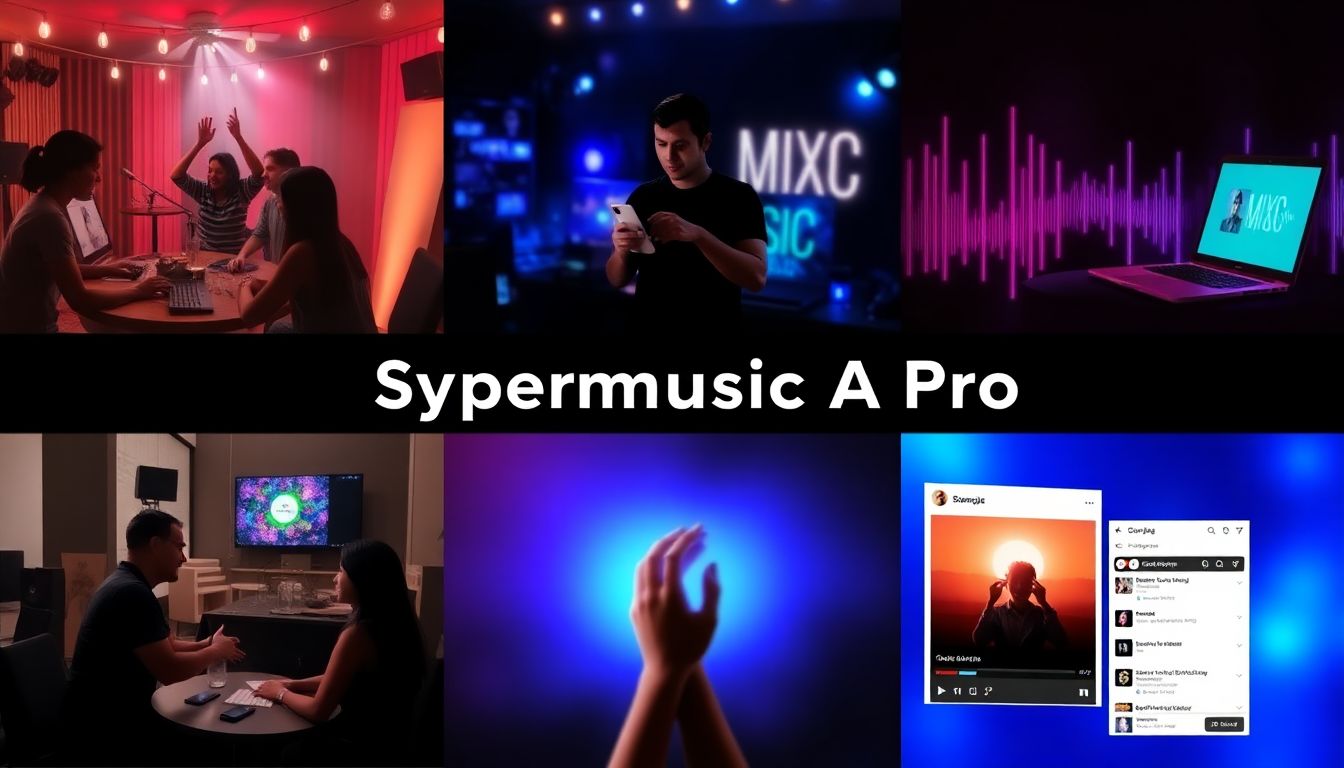 A collage of different music genres and scenarios where Supermusic AI Pro can be used, such as parties, study sessions, and social media posts.