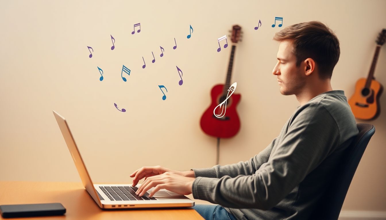 A person casually typing on a laptop, with musical notes and instruments floating around them, created by AI.