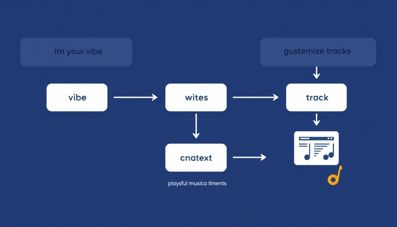 A flowchart showing the steps from inputting a vibe to generating and customizing a track, with playful musical elements.
