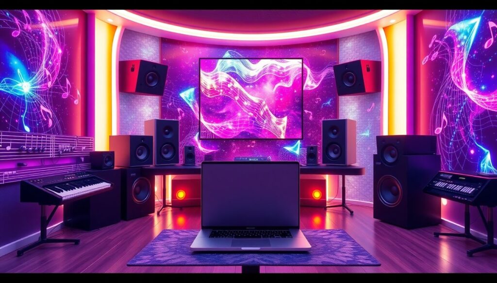 A vibrant, futuristic music studio with a laptop at the center, surrounded by musical notes and AI-generated visuals.