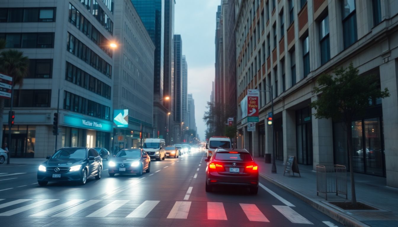 A city street viewed through AI-enhanced cameras, highlighting various objects and vehicles.