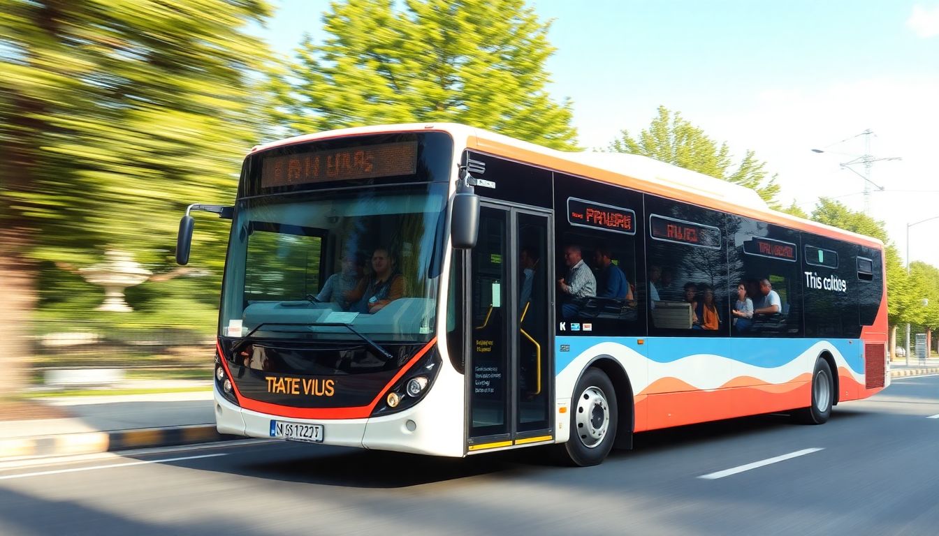 A bus moving swiftly down a clear bus lane, with happy passengers on board.