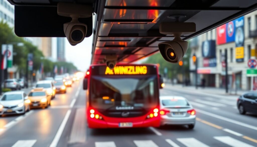 A bustling city street with AI-enhanced cameras mounted on buses, capturing drivers who block bus lanes.