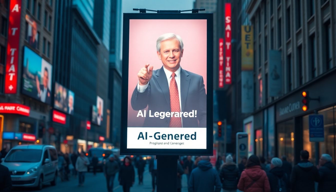 Transparency in AI-Generated Content Create an image of a digital billboard displaying a political ad with a clear 'AI-Generated' label, with a crowded city street in the background.