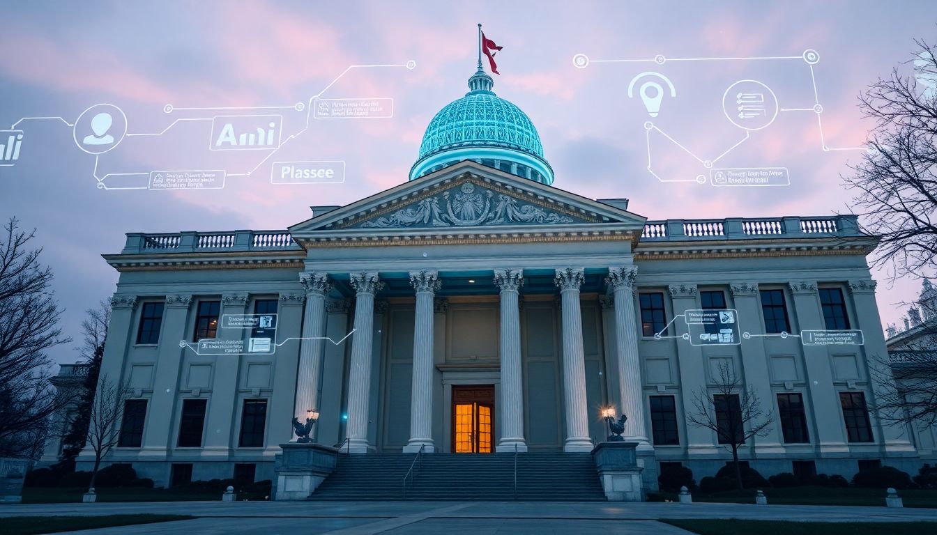 The Role of State Governments in AI Regulation Create an image of a state government building with a futuristic AI interface, showing various AI-related laws being passed.