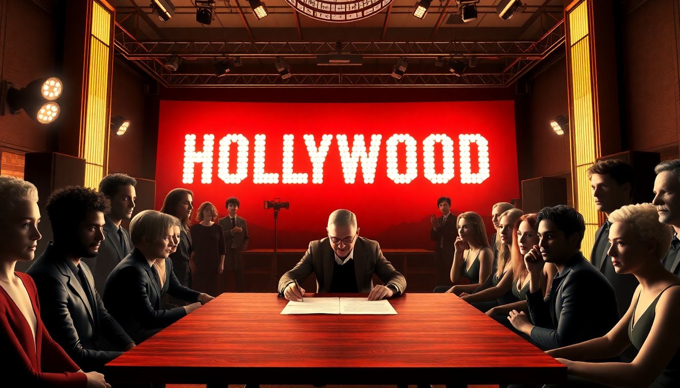 Protections for Creative Performers Generate an image of a Hollywood studio with a contract being signed, surrounded by digital avatars of performers.