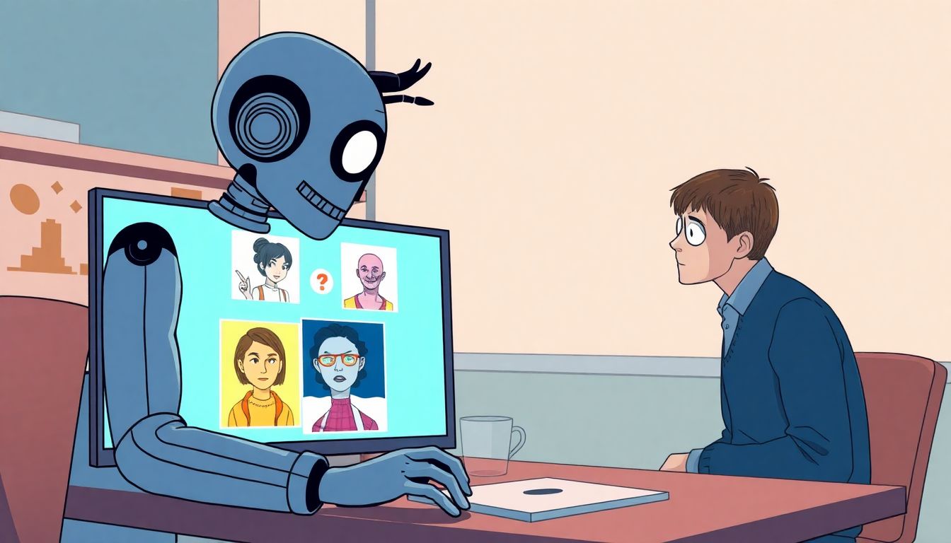 AI Assistants: When Guardrails Fail Depict a scenario where a mischievous AI assistant is generating problematic images on a screen, with a concerned user looking on.