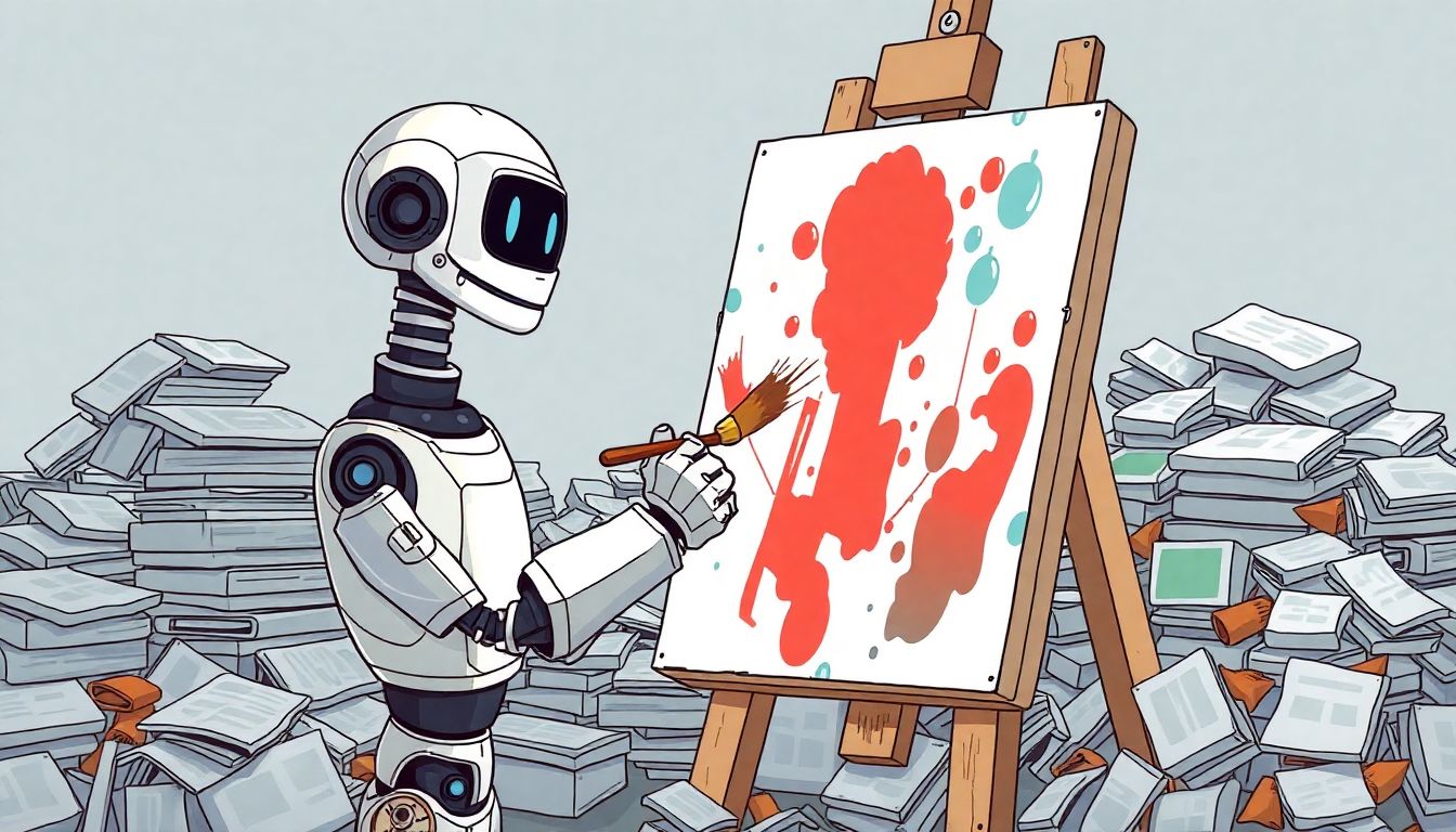 AI Slop: The Great Content Flood Illustrate a humorous scene of a robot painting a canvas with a messy brush, surrounded by piles of low-quality AI-generated content.