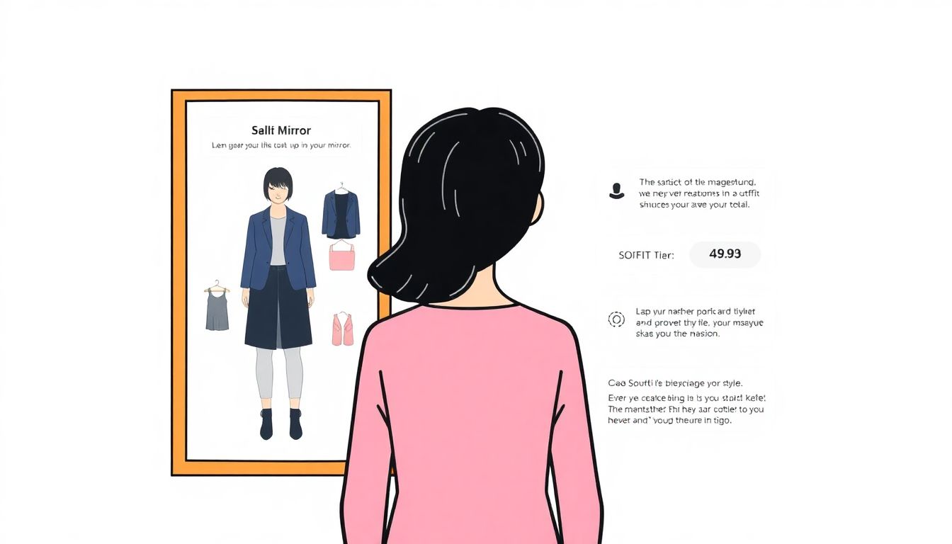 Illustrate a person standing in front of a smart mirror that displays outfit suggestions and style tips generated by an AI chatbot.