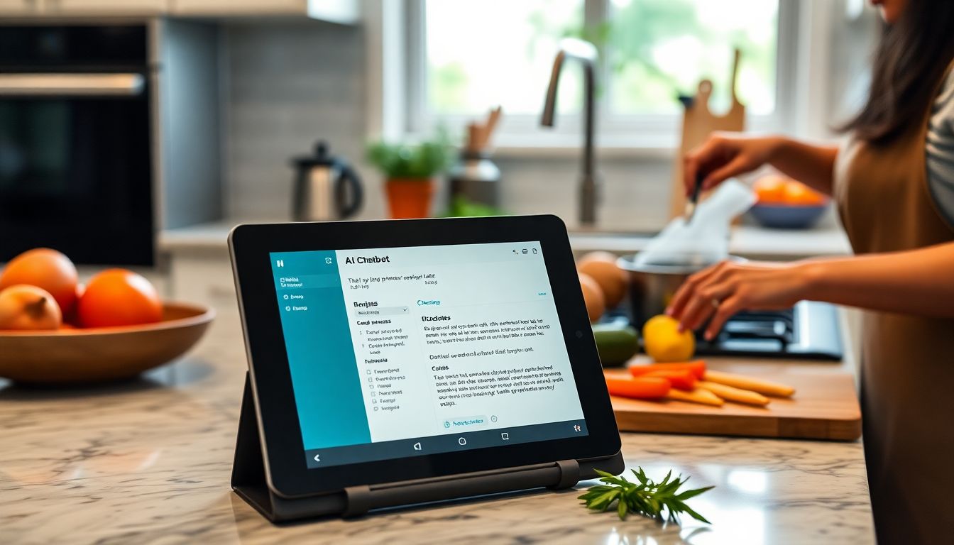 Show a kitchen countertop with an AI chatbot displaying a recipe on a tablet, while a person is cooking with ingredients laid out nearby.