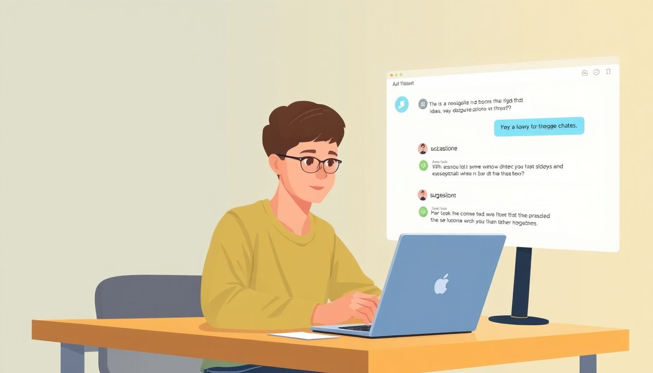 Depict a student sitting at a desk with a laptop, brainstorming ideas with an AI chatbot that displays suggestions and feedback on the screen.