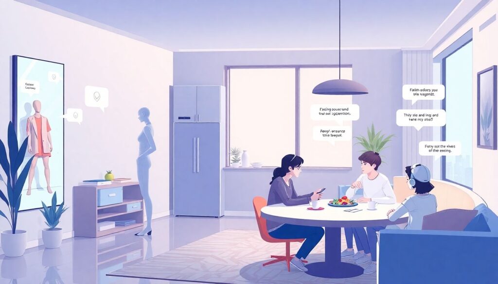 Create an illustration showing a futuristic living room where AI chatbots are integrated into various aspects of daily life, such as a smart mirror giving fashion advice, a kitchen countertop displaying recipe suggestions, and a family gathered around a table with a chatbot translating conversations in real-time.