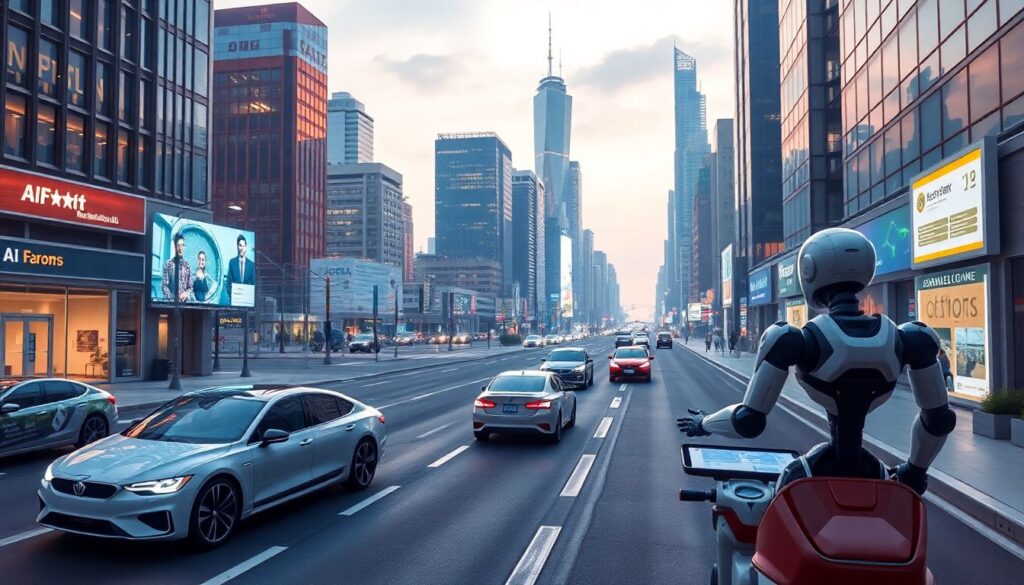 How Artificial Intelligence Impacted Our Lives in 2024 and What’s Next A futuristic cityscape with self-driving cars, robots performing various tasks, and a digital interface showing AI-generated videos and scientific research papers.