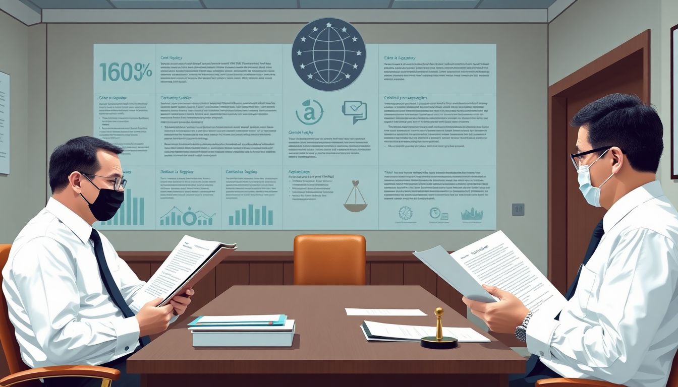 Generate an image of a government office with officials reviewing legal documents related to the OpenAI lawsuit, with a backdrop of AI-related regulations and policies.