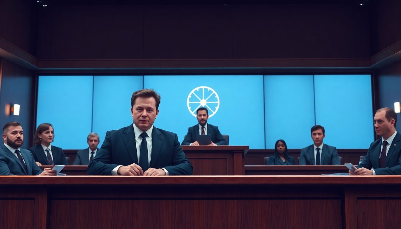 Generate an image of a tense courtroom scene with Elon Musk and his legal team on one side, and OpenAI representatives on the other, with a judge presiding over the proceedings.