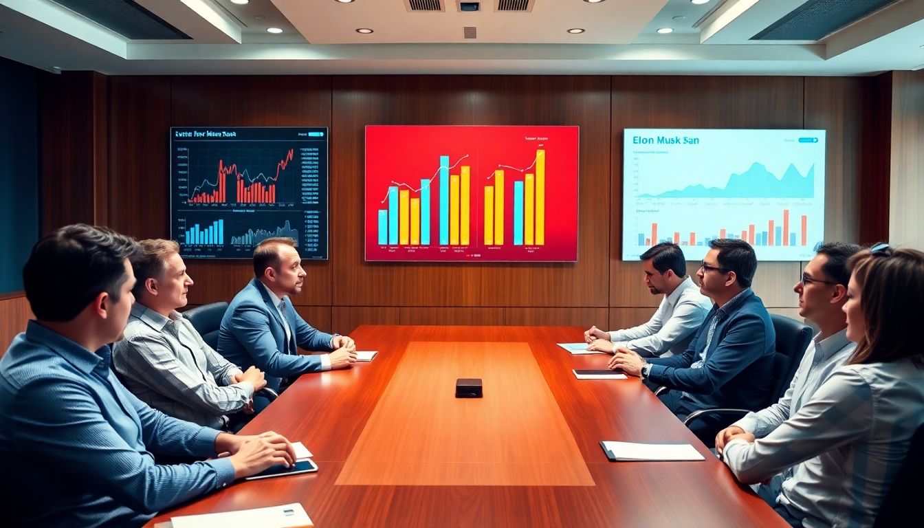 Create an image of a boardroom meeting with tech investors discussing their support for Elon Musk, with charts and graphs displaying investment data in the background.