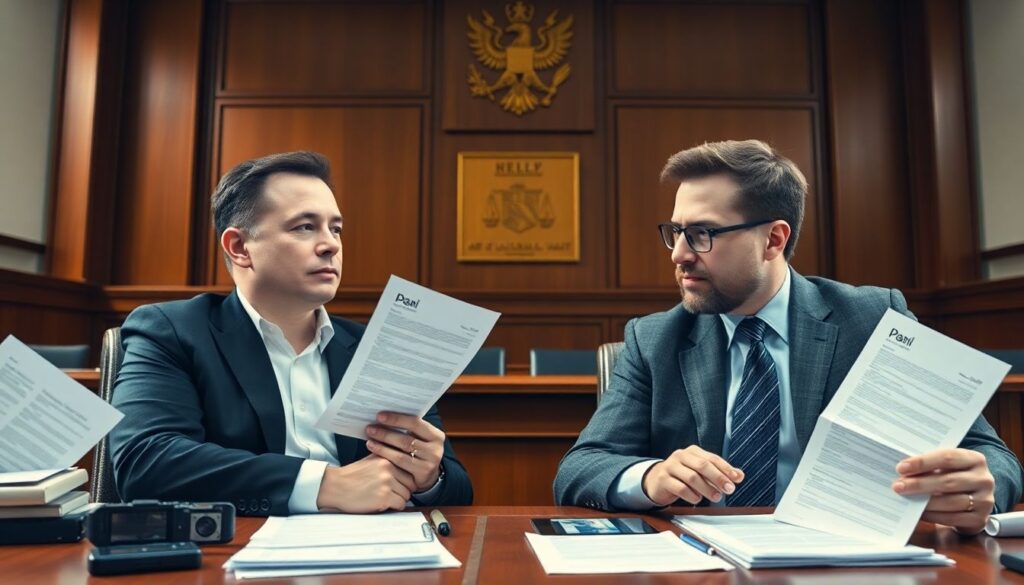 Create an image depicting Elon Musk and Sam Altman in a courtroom setting, with legal documents and tech gadgets scattered around, symbolizing the intense legal battle between Musk and OpenAI.