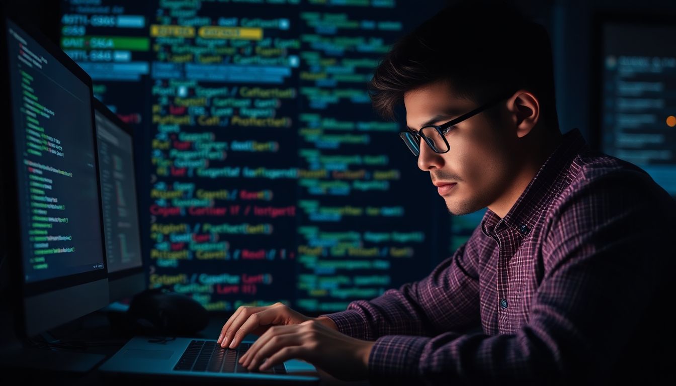 Create an image of a determined software engineer working late at night, surrounded by lines of code and digital threats lurking in the background.