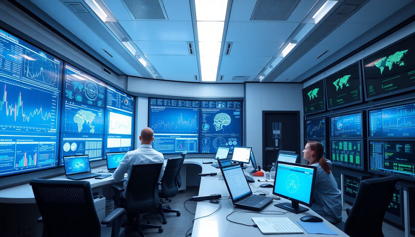 Generate an image of a futuristic control room with scientists analyzing data on large screens, surrounded by AI models and hardware.