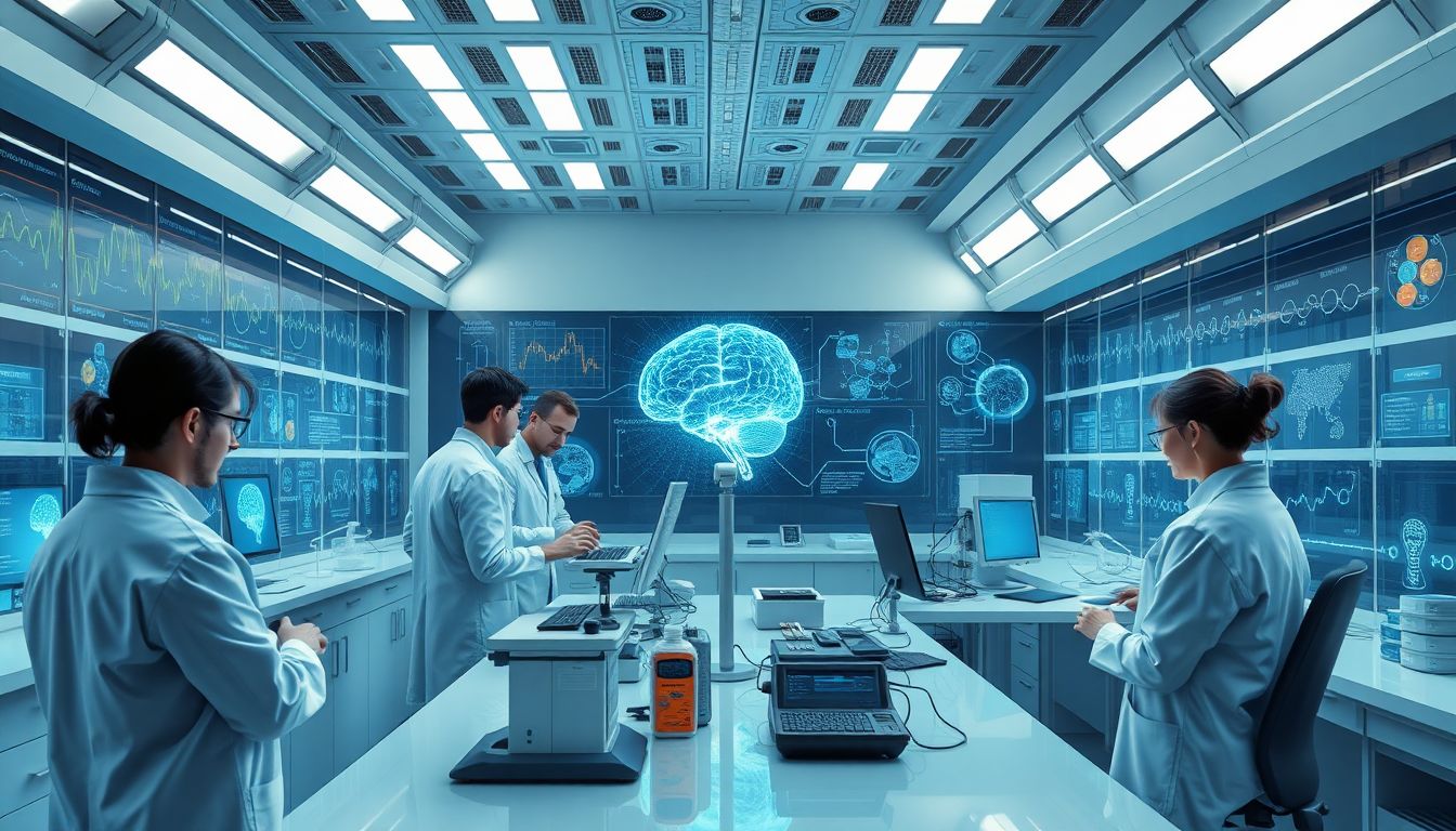 Design an image of a futuristic laboratory with scientists working on AI models, surrounded by visualizations of brain maps and new drug compounds.
