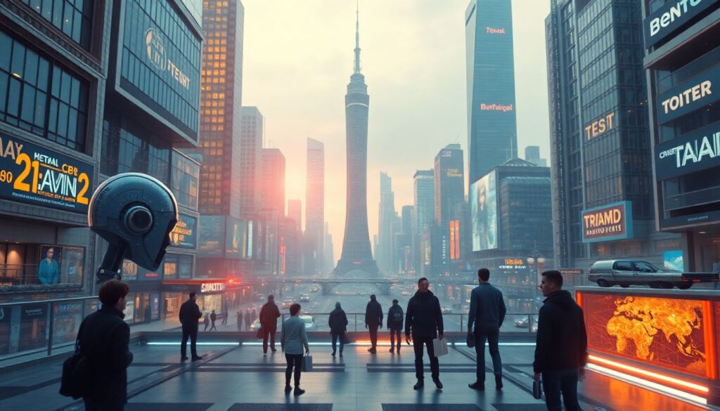 Create an image that captures the essence of technological innovation and human progress, with a futuristic cityscape and people interacting with advanced AI and tech devices.