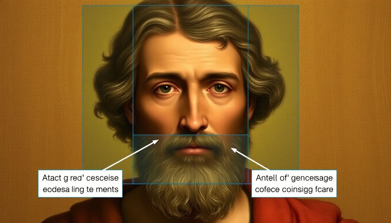 Generate an image of St. Joseph’s face from the painting, with AI analysis overlays pointing out the inconsistencies.