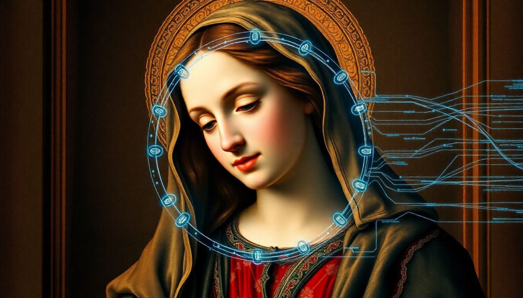 Generate an image of Raphael's Madonna della Rosa with a futuristic AI overlay, highlighting the intricate details and brushstrokes analyzed by the AI.