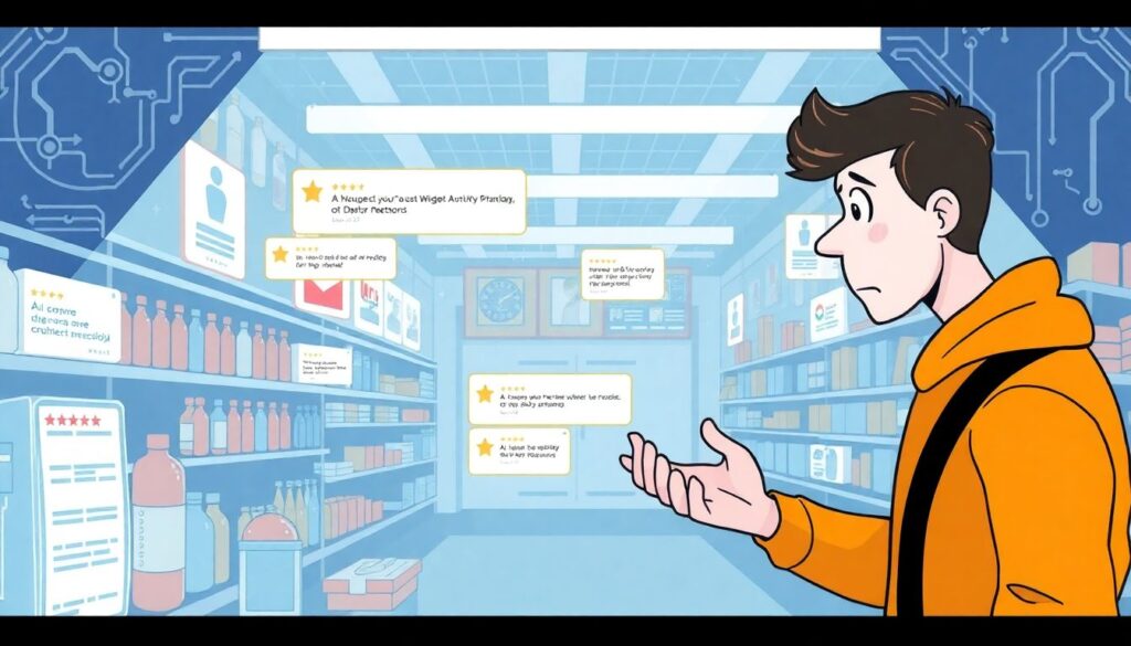 AI Tools Often Used for Fake Product Reviews An illustration showcasing a digital marketplace filled with AI-generated product reviews, contrasting with a worried consumer trying to discern authenticity.