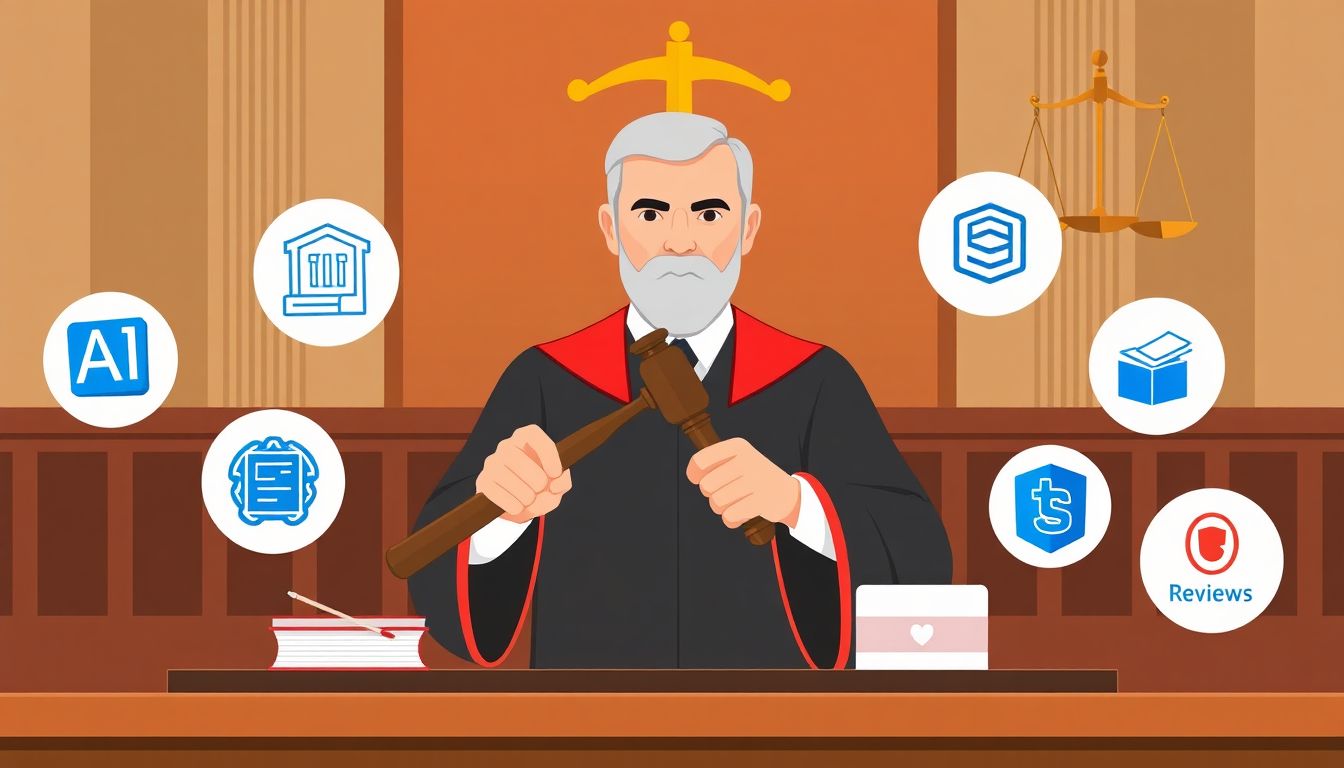 Illustrate a courtroom scene with a judge holding a gavel, surrounded by icons of AI tools and review platforms, with a scale of justice in the background.