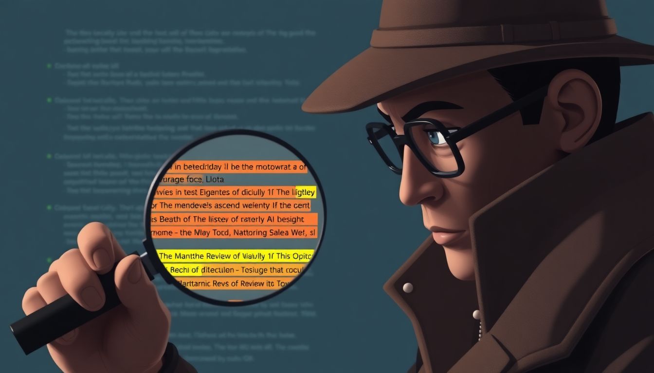 Design an image of a detective using a magnifying glass to examine a digital review, with AI-generated text highlighted in different colors.