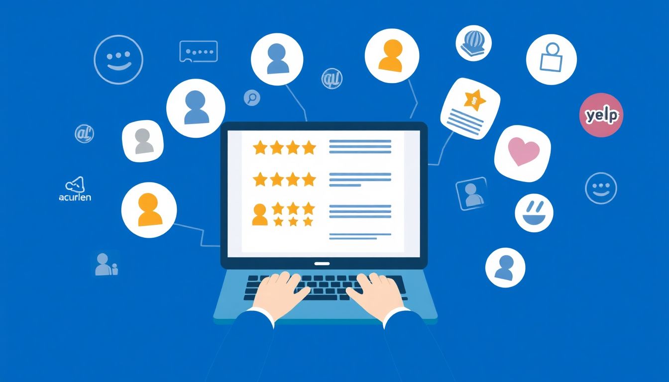 Create an illustration of a person using a laptop to generate multiple reviews with the help of an AI tool, surrounded by icons of popular review platforms like Amazon and Yelp.