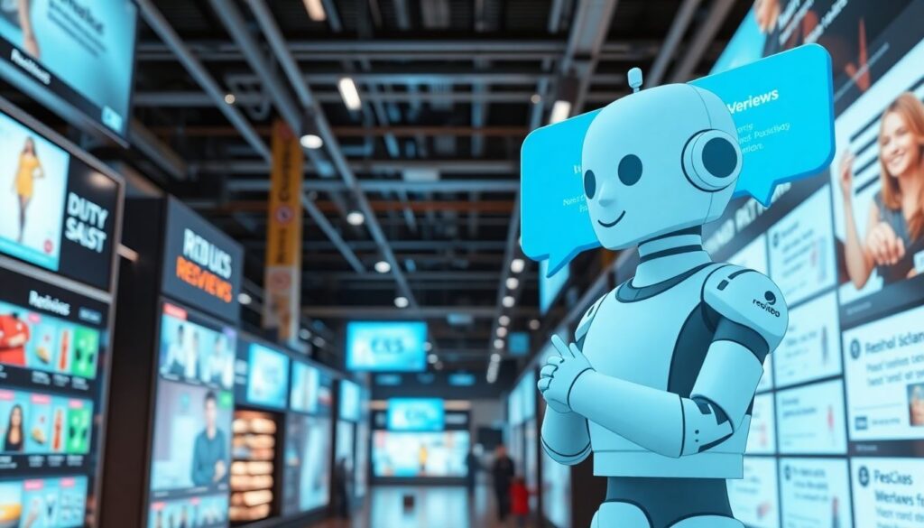 Generate an image of a futuristic marketplace filled with digital screens displaying product reviews, with a prominent AI chatbot icon interacting with the reviews.