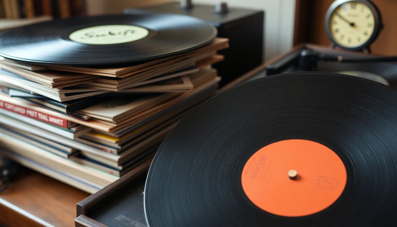 Create an image featuring a stack of vinyl records, with close-ups of Swift's 'The Tortured Poets Department' and other top-selling albums. Include a vintage record player and a cozy listening environment.