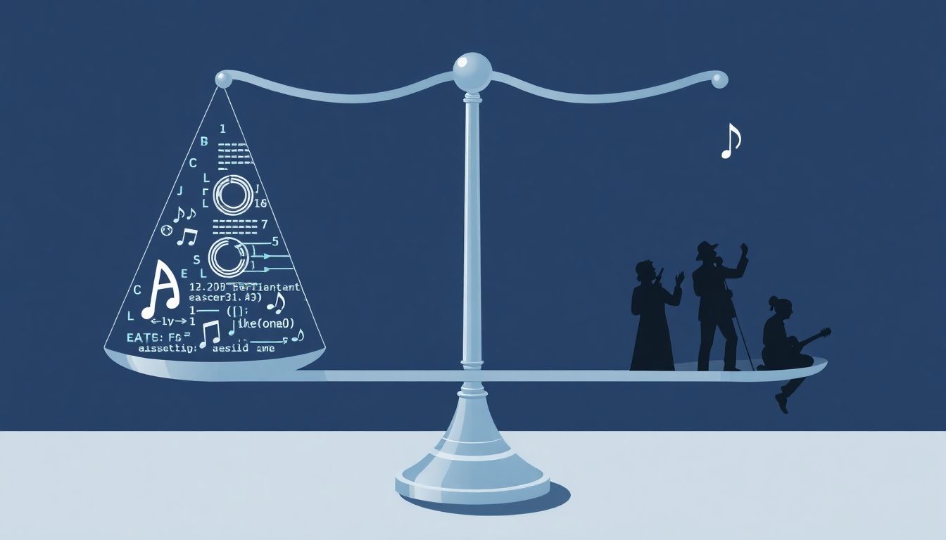 Illustrate a balance scale with AI algorithms and code on one side, and musical notes and artist silhouettes on the other, representing the delicate balance between technological innovation and artistic protection.