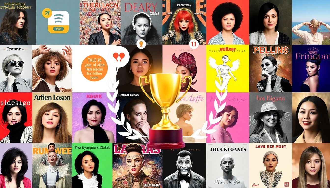Design an image showcasing a colorful mix of album covers from top female artists, with streaming icons and chart-topping symbols surrounding a central, shining trophy.