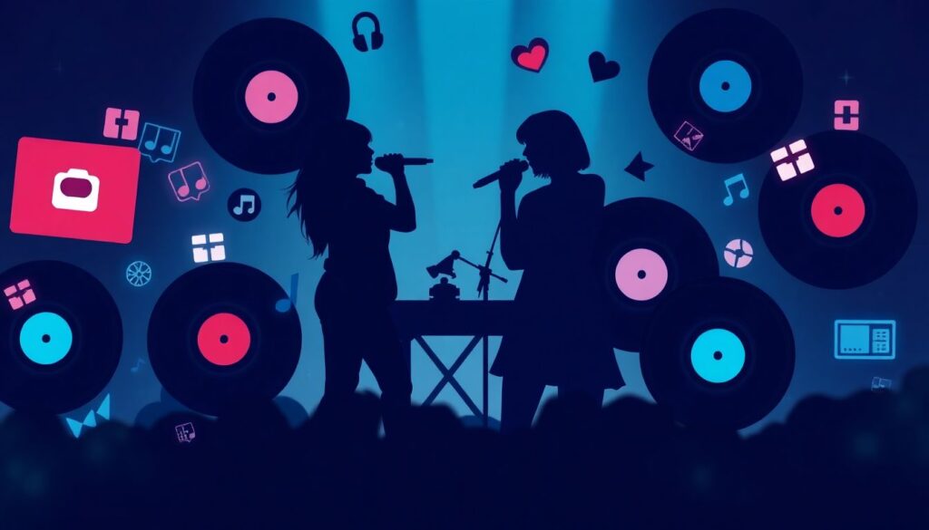 Create an image that captures the vibrancy of the UK music scene, with streaming icons and vinyl records surrounding silhouettes of Charli XCX and Taylor Swift performing. Include futuristic AI elements to hint at the underlying debate.
