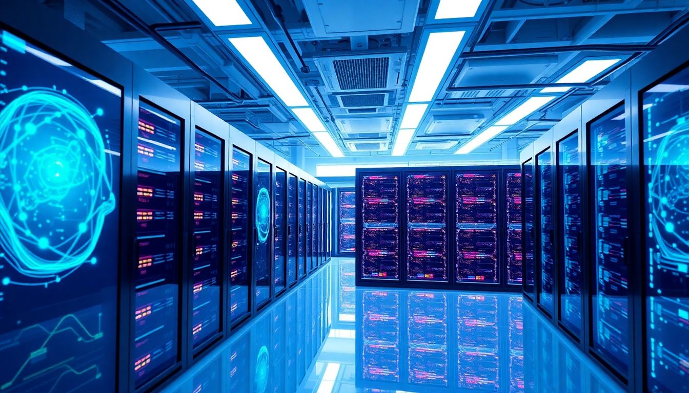 Depict a futuristic data center with Google's AI and quantum computing technologies, showcasing their impact on cloud computing and autonomous systems.