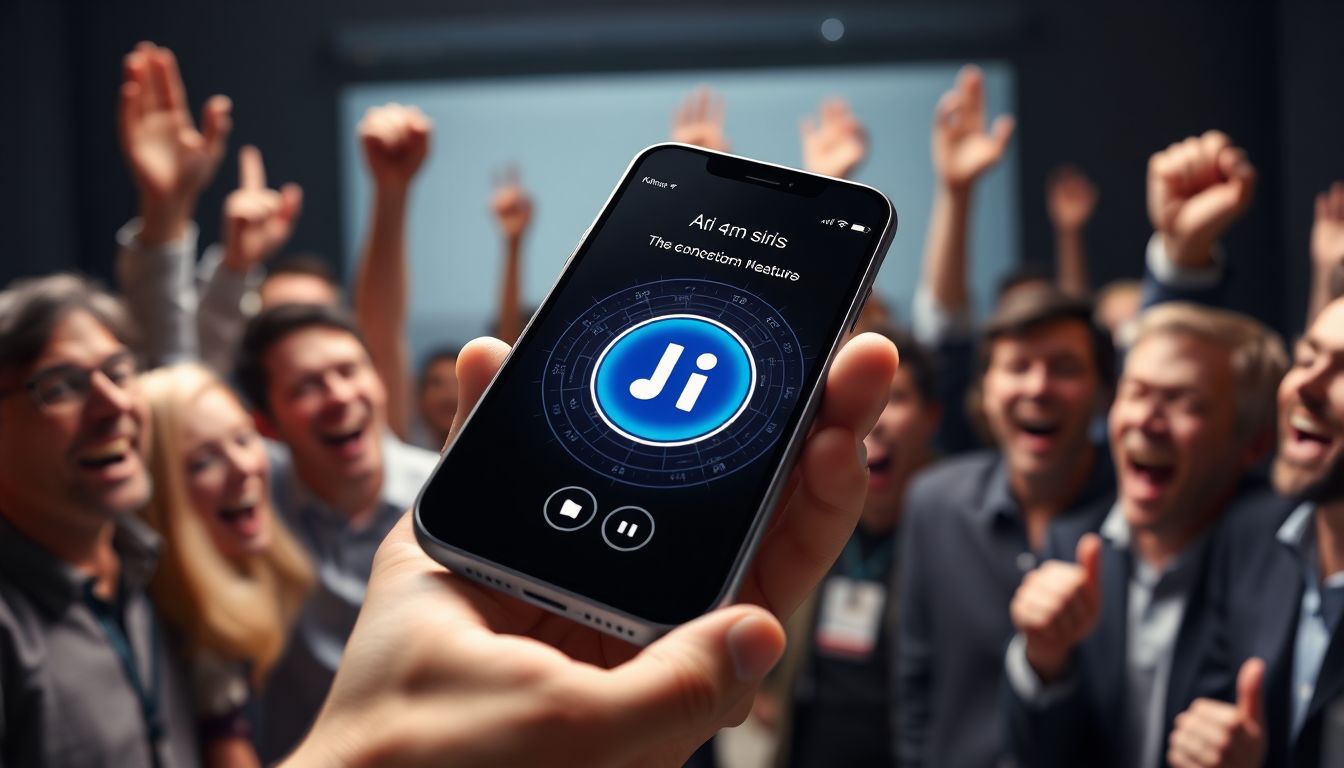Create an image of an AI-enhanced iPhone with futuristic Siri features, surrounded by excited users and investors.